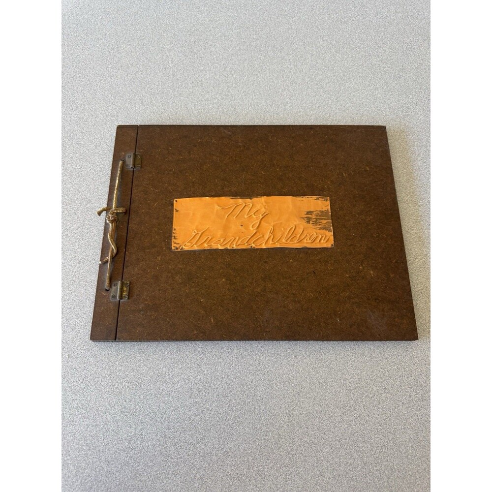 Vintage “My Grandchildren” Photo Album Scrapbook Brown Hinged Cover Empty Pages